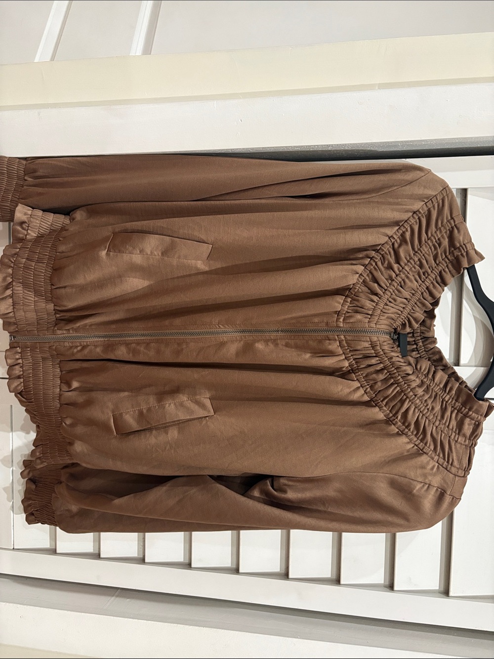 Women's Brown Ruched Collar Zip-Up Bomber Jacket